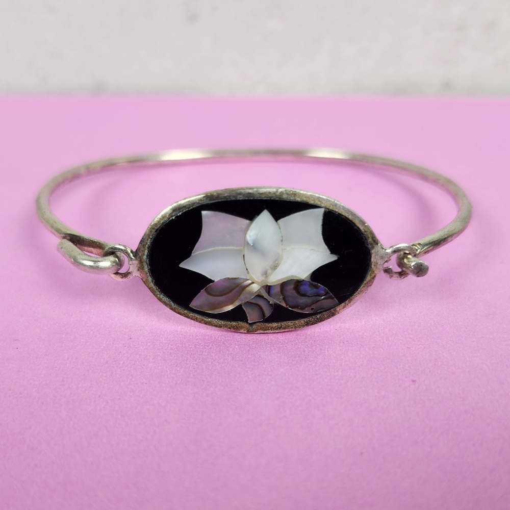 Vintage Mexico Alpaca FLOWER Inlay Abalone MOP Bangle Bracelet